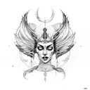 persephone magical soft goddess of the underworld sitting on a throne. She has closed eyes and smiles tattoo design idea
