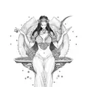 persephone magical soft goddess of the underworld sitting on a throne. She has closed eyes and smiles tattoo design idea