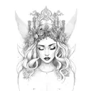 persephone magical soft goddess of the underworld sitting on a throne. She has closed eyes and smiles tattoo design idea