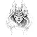 persephone magical soft goddess of the underworld sitting on a throne. She has closed eyes and smiles tattoo design idea