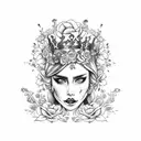 queen of the underworld with flowers in her hair sitting on her throne with skulls tattoo design idea
