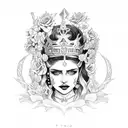 queen of the underworld with flowers in her hair sitting on her throne with skulls tattoo design idea