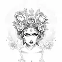 queen of the underworld with flowers in her hair sitting on her throne with skulls tattoo design idea