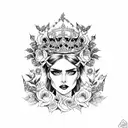 queen of the underworld with flowers in her hair sitting on her throne with skulls tattoo design idea