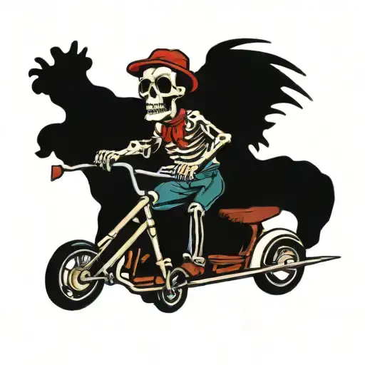 skelton riding pedal bike with another on the pegs holding a golf flag  tattoo design idea