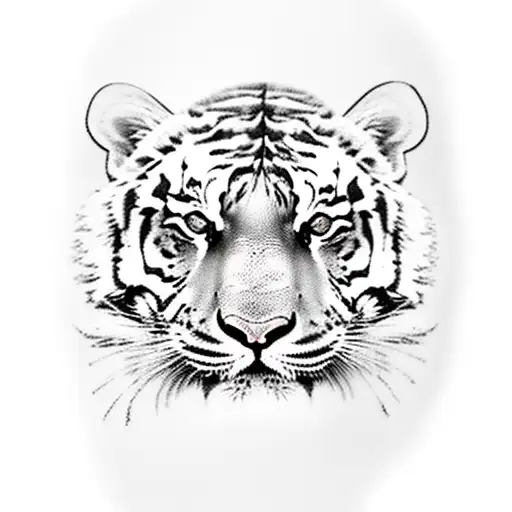 face of a realistic tiger wearing a Chinese straw hat on his head, white eyes, face facing forward tattoo design idea