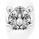 face of a realistic tiger wearing a Chinese straw hat on his head, white eyes, face facing forward tattoo design idea