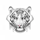 face of a realistic tiger wearing a Chinese straw hat on his head, white eyes, face facing forward tattoo design idea