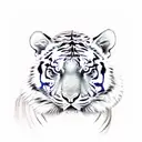 face of a realistic tiger wearing a Chinese straw hat on his head, white eyes, face facing forward tattoo design idea