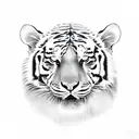 face of a realistic tiger wearing a Chinese straw hat on his head, white eyes, face facing forward tattoo design idea