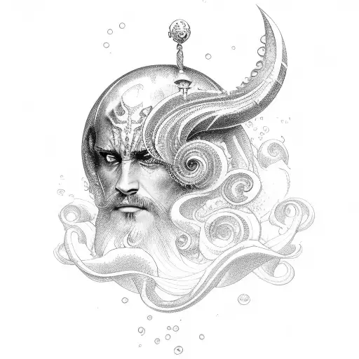Head of Neptun with Waves and a ship  tattoo design idea