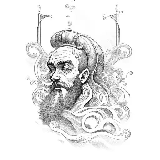 Head of Neptun with Waves and a ship  tattoo design idea
