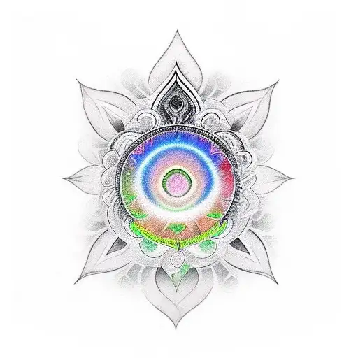 7 chakra sleeve tattoo symbols, colors, nature scene, integrated, black/white base, chakra-specific highlights, animals tattoo design idea
