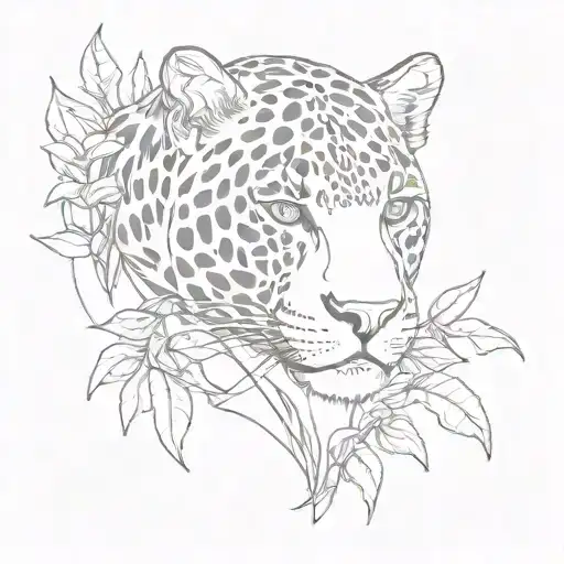 cyberpunk jaguar with birds and plants tattoo design idea