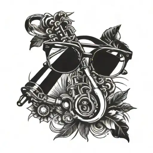 BIC mechanical pencil hanging off eyeglasses, Hawaiian print shirts, French horn   tattoo design idea