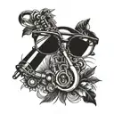 BIC mechanical pencil hanging off eyeglasses, Hawaiian print shirts, French horn   tattoo design idea