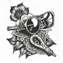 BIC mechanical pencil hanging off eyeglasses, Hawaiian print shirts, French horn   tattoo design idea