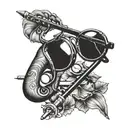 BIC mechanical pencil hanging off eyeglasses, Hawaiian print shirts, French horn   tattoo design idea