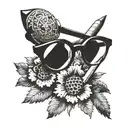 BIC mechanical pencil hanging off eyeglasses, Hawaiian print shirts, French horn   tattoo design idea