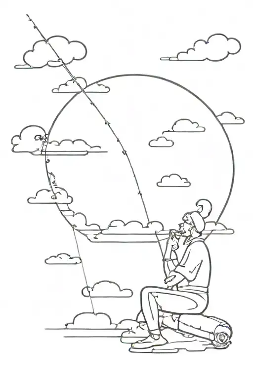 man sitting on a cloud with a fishing rod tattoo design idea