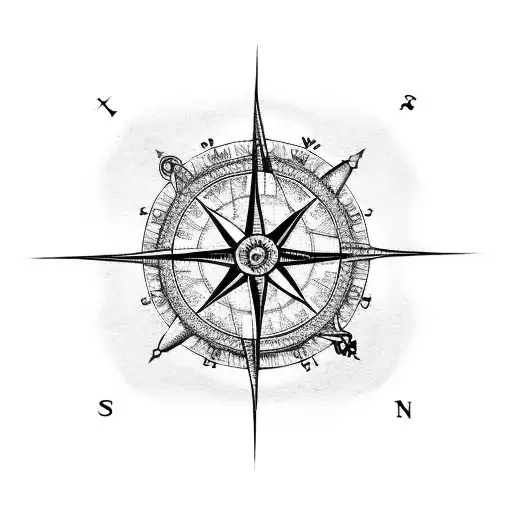 A blackwork tattoo of a detailed compass rose with fishing hooks as the cardinal directions, symbolizing a love for both fishing and exploring the outdoors tattoo design idea