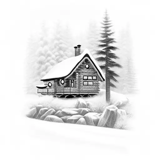 A black-grey tattoo of a cozy cabin nestled in the woods, with a motorcycle parked outside, combining your love for the outdoors and motorcycles tattoo design idea