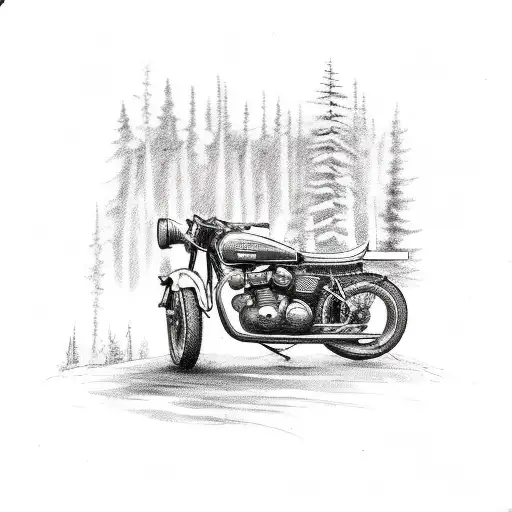 A sketch style tattoo of a vintage motorcycle parked outside a cozy cabin in the woods, with hunting rifles hanging on the wall inside tattoo design idea