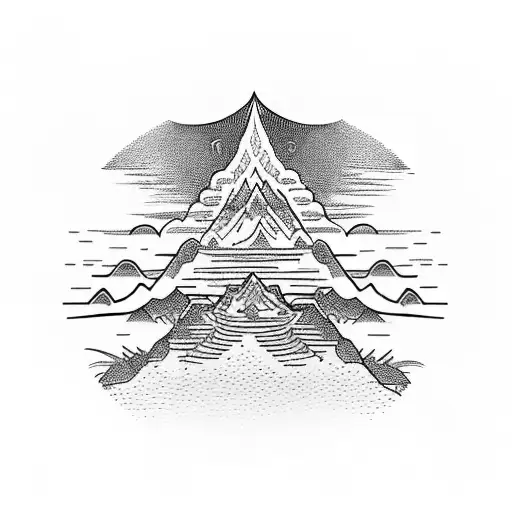 A detailed and intricate depiction of Kailash mountain with a meditating figure on top, symbolizing spiritual liberation tattoo design idea