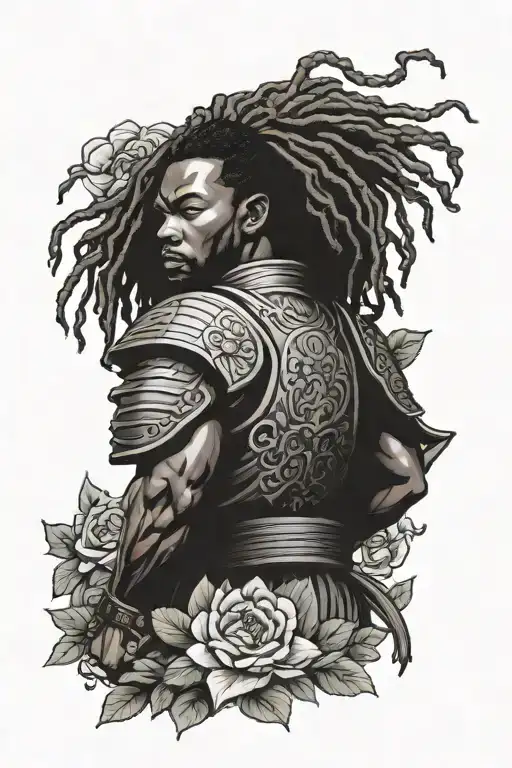 Black samurai with dreadlocks meditating in rose garden tattoo design idea