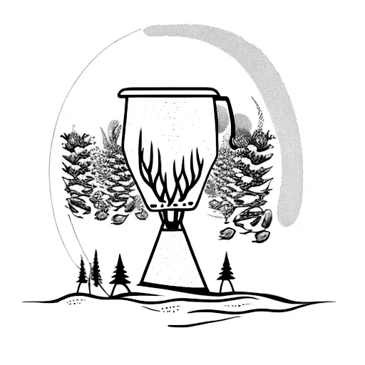 A beer mug with hops and barley incorporated into a minimalist forest landscape. tattoo design idea