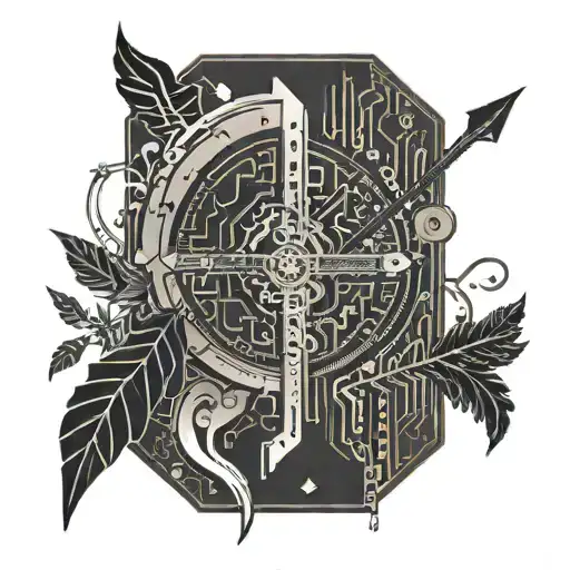An intricate circuit board design with a bow and arrow intertwined within the lines tattoo design idea
