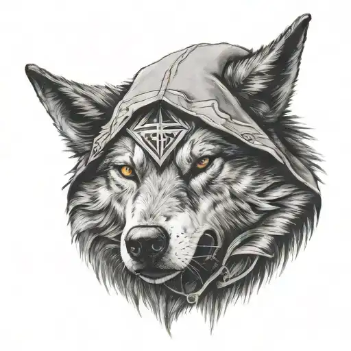 human Wolf head with assassins Creed hood tattoo design idea