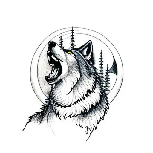 A wolf howling at the moon in a forest surrounded by mountains tattoo design idea