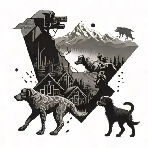 An abstract dotwork design featuring a welder at work in a mountainous landscape, with a pack of dogs running alongside him tattoo design idea