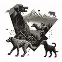 An abstract dotwork design featuring a welder at work in a mountainous landscape, with a pack of dogs running alongside him tattoo design idea