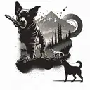 An abstract dotwork design featuring a welder at work in a mountainous landscape, with a pack of dogs running alongside him tattoo design idea