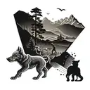 An abstract dotwork design featuring a welder at work in a mountainous landscape, with a pack of dogs running alongside him tattoo design idea