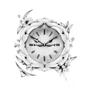 clock with gardenia and mockingbird  tattoo design idea