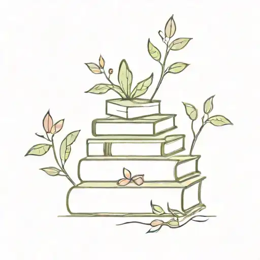 A minimalist tattoo design of a stack of books with plant vines growing around them, showcasing the client's interests in reading and plants tattoo design idea