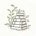 A minimalist tattoo design of a stack of books with plant vines growing around them, showcasing the client's interests in reading and plants tattoo design idea