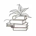 A minimalist tattoo design of a stack of books with plant vines growing around them, showcasing the client's interests in reading and plants tattoo design idea