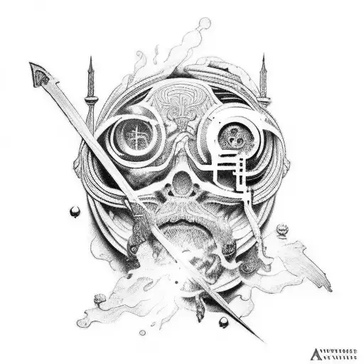 An intricate tattoo design featuring a time-traveling figure inspired by ancient Greek sculptures tattoo design idea