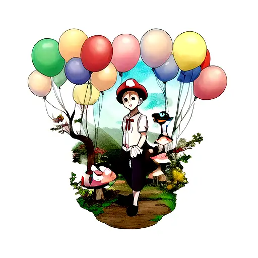 A boy who lets go of a mushroom-shaped balloon tattoo design idea