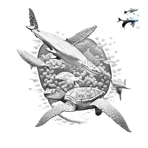 A realistic depiction of a coral reef with sea turtles and bull sharks interacting in their natural habitat tattoo design idea