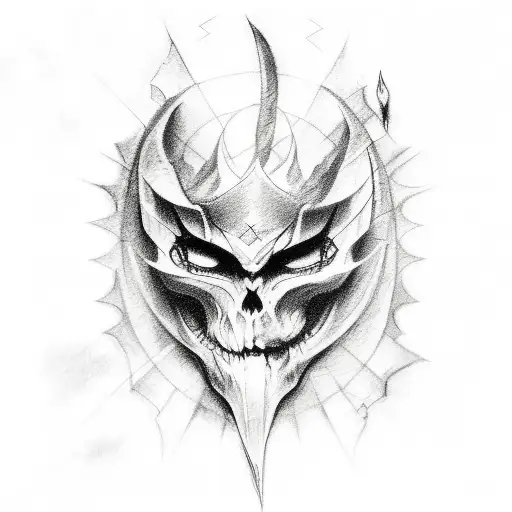A black and grey sketch tattoo depicting a metalcore-inspired dark fantasy scene tattoo design idea