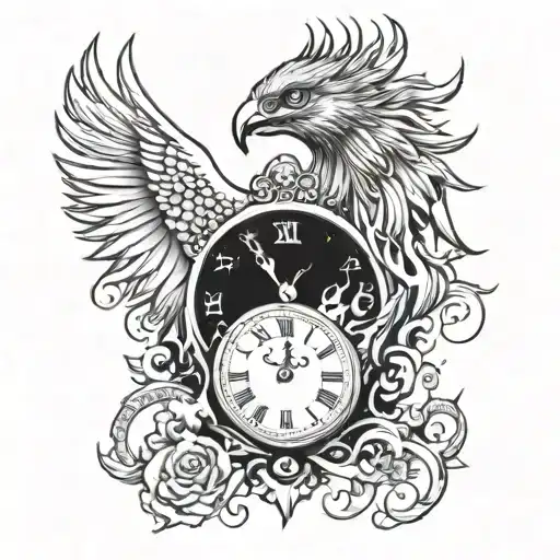 Clock burning with phoenix tattoo design idea