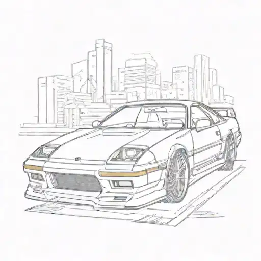 A sketch of a Honda Prelude with 80s neon lights and futuristic elements, combining the client's favorite car and era tattoo design idea