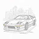 A sketch of a Honda Prelude with 80s neon lights and futuristic elements, combining the client's favorite car and era tattoo design idea