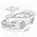 A sketch of a Honda Prelude with 80s neon lights and futuristic elements, combining the client's favorite car and era tattoo design idea