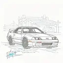 A sketch of a Honda Prelude with 80s neon lights and futuristic elements, combining the client's favorite car and era tattoo design idea